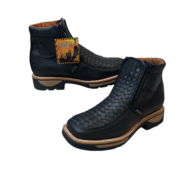 Buffalo & Bull Style #045152 Men’s Black Leather Square Toe Woven Zip Work Boots